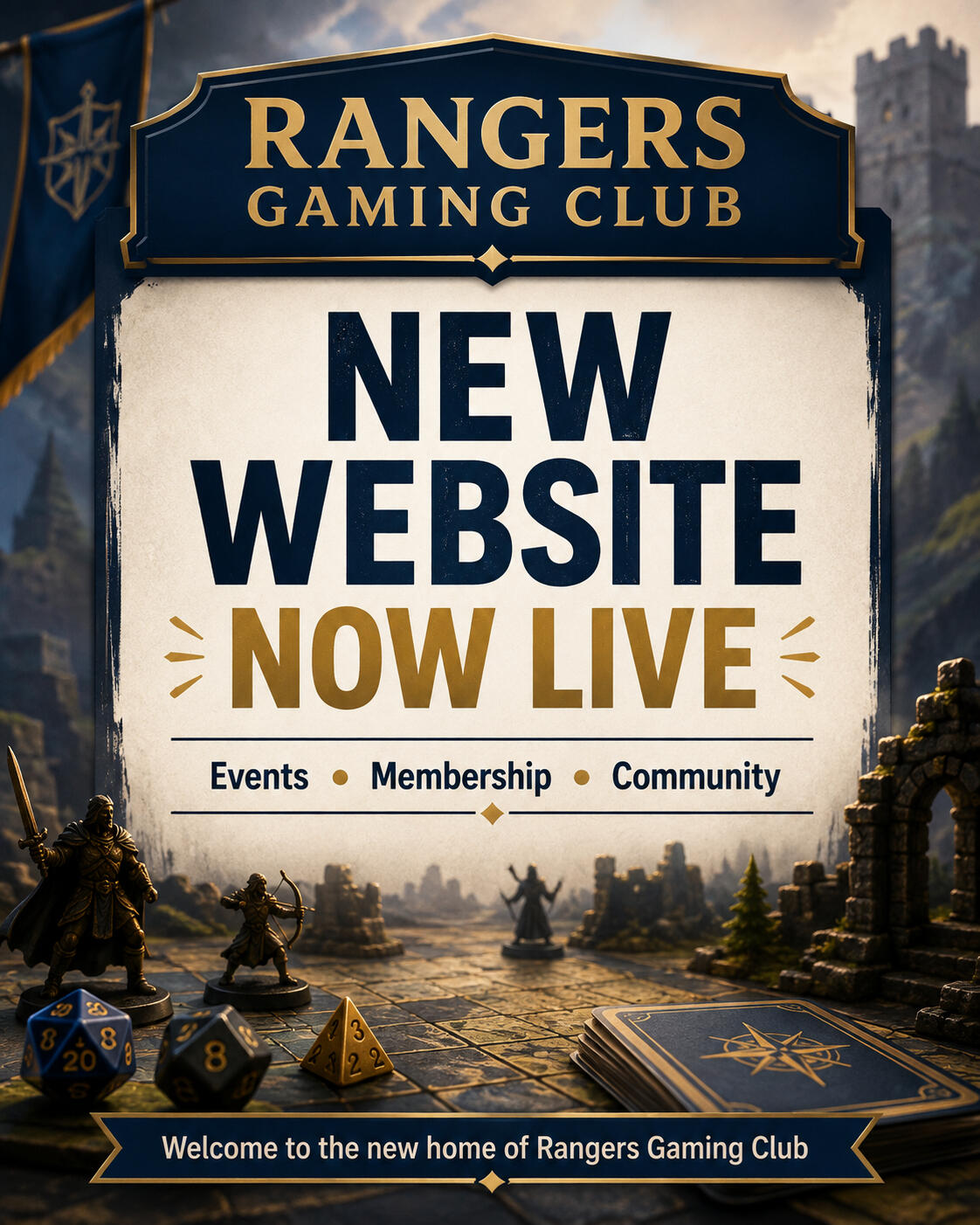 Announcement Graphic Image of a new website depicting a table with dice, miniatures, and cards